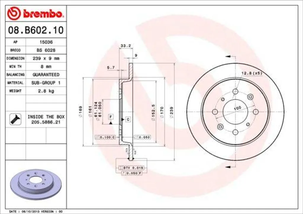 Disque de Frein Plein Brembo 08.B602.10 Revêtement Anticorrosion Jazz III