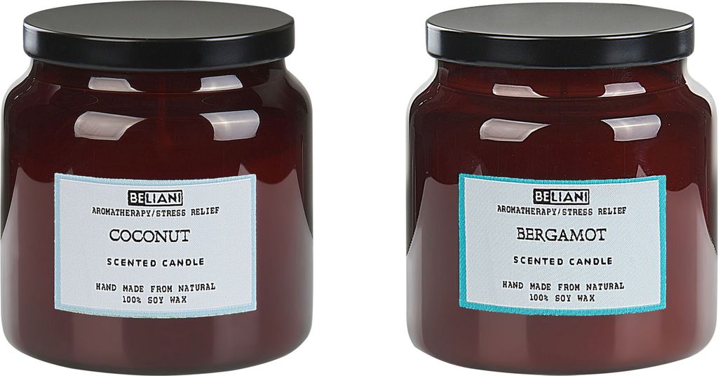 BELIANI Duftkerze 2er Set Braun Sojawachs mit Baumwolldocht im Glas mit Deckel Duftnoten: Kokosnuss Bergamotte Geschenkset