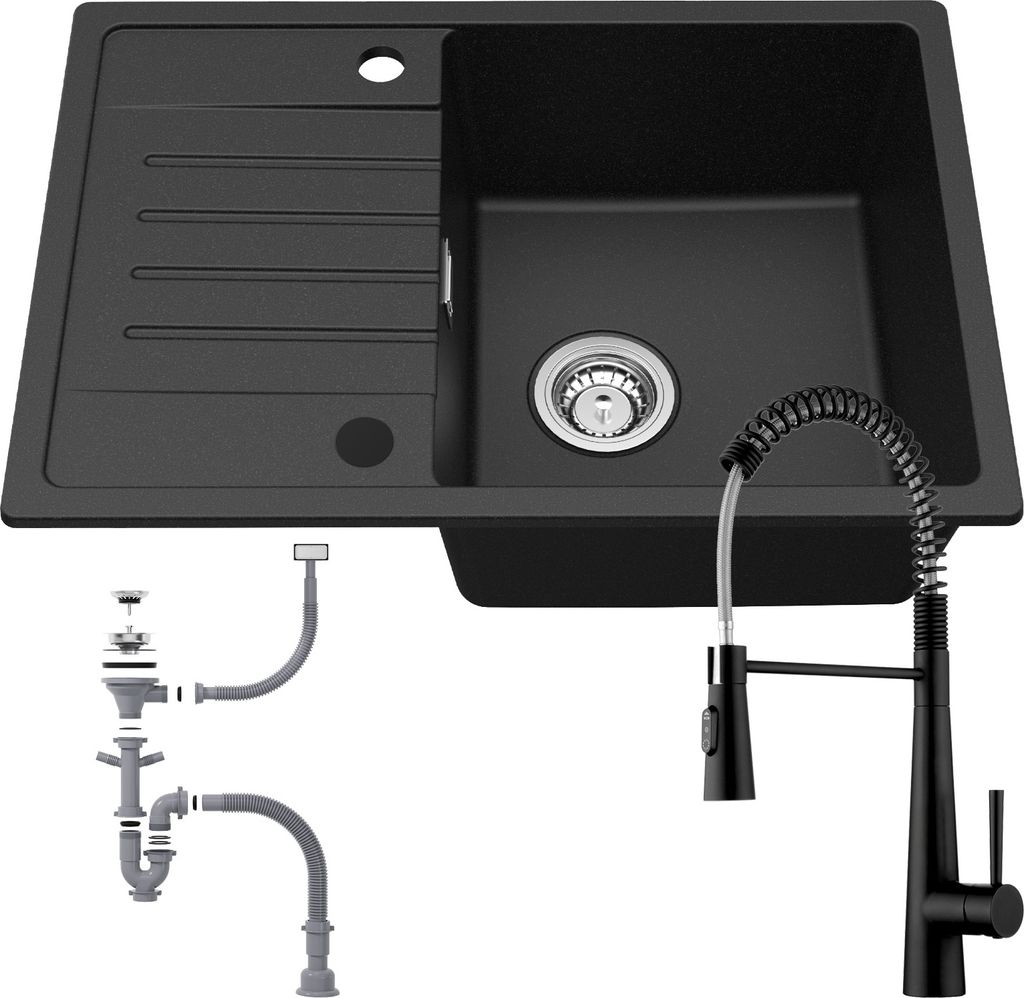 Granitspüle mit Ausziehbar Armatur Küchenspüle Schwarz 65X45CM Spülbecken Einbauspüle Reversibel Waschbecken,für ab 50 cm Unterschrank