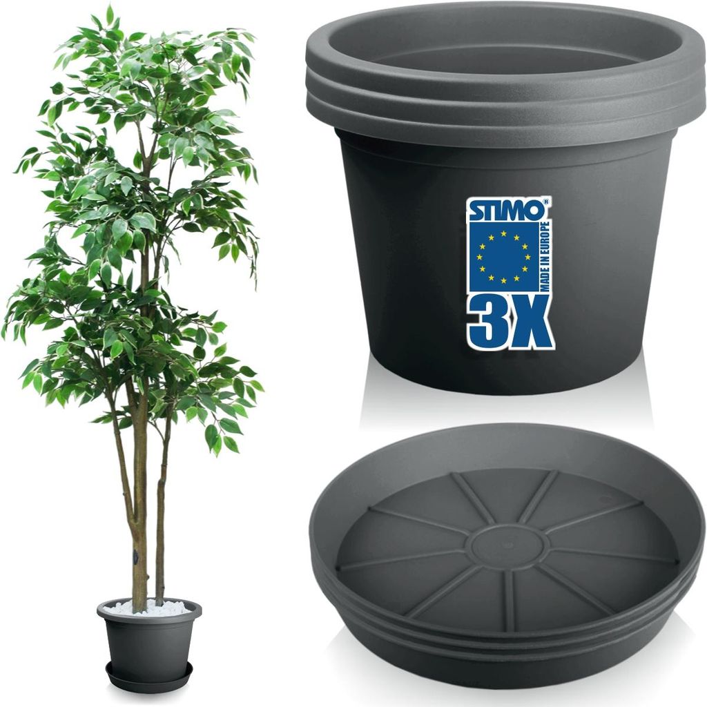 3X Blumentopf 34cm mit Untersetzer 30cm Grau Pflanzkübel Kunststoff Pflanztopf Rundtopf Anthrazit