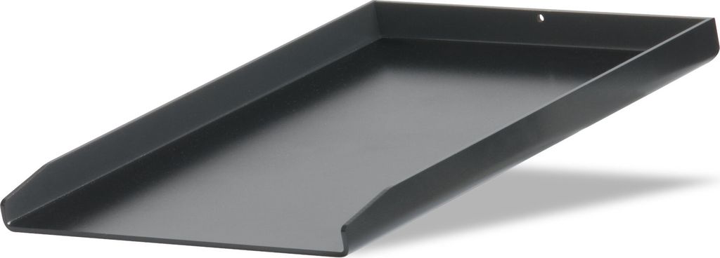A black metal grill plate is shown from a diagonal angle against a white background.