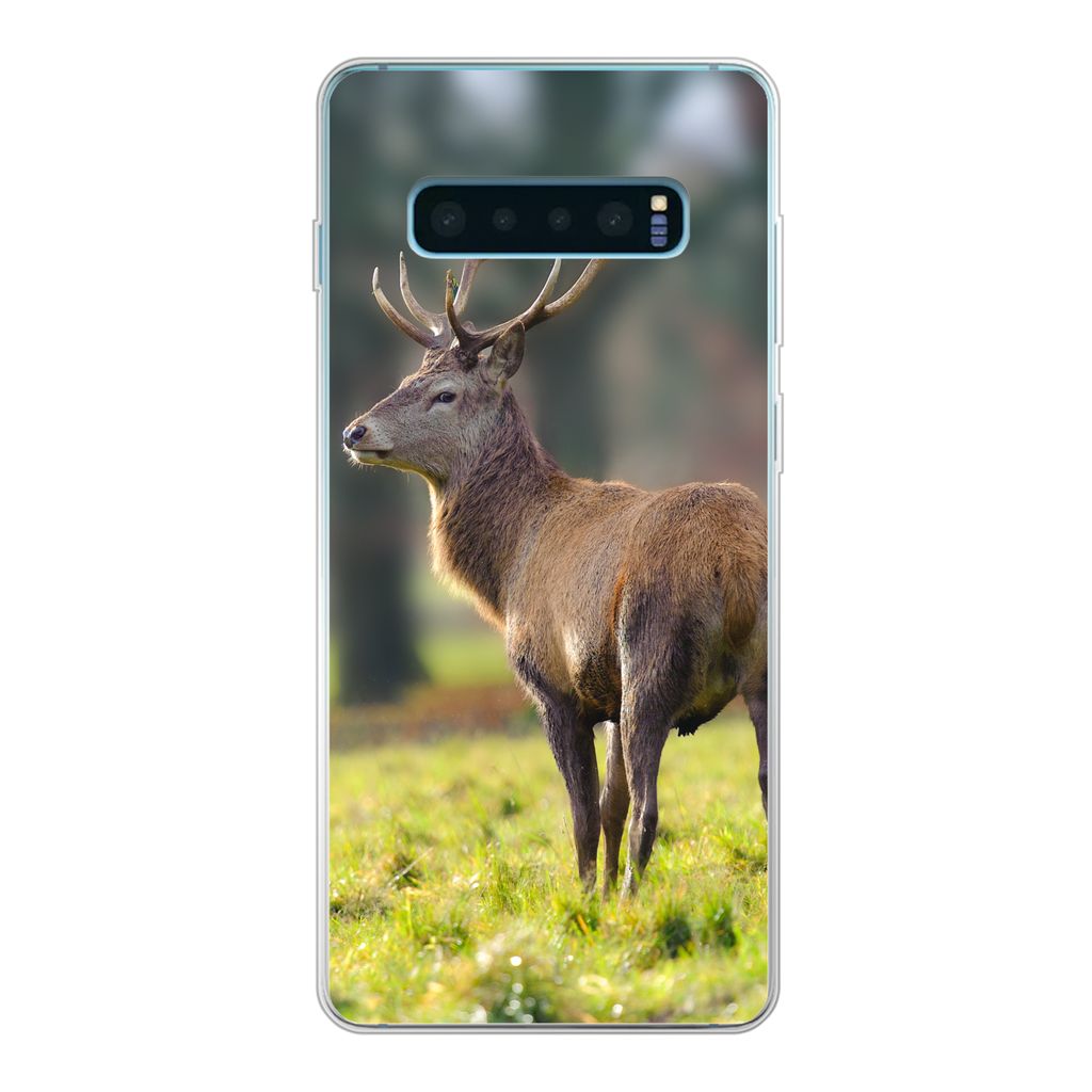 MuchoWow Handyhülle Schutzhülle Hülle für Samsung Galaxy S10 Lite Rothirsch - Wiese - Grün Silikon Softcase Handy Hülle - Schutz