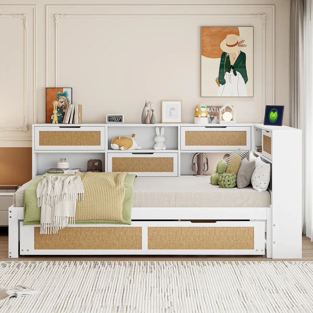 Lit enfant gigogne en bois blanc avec couchage d'appoint et port USB