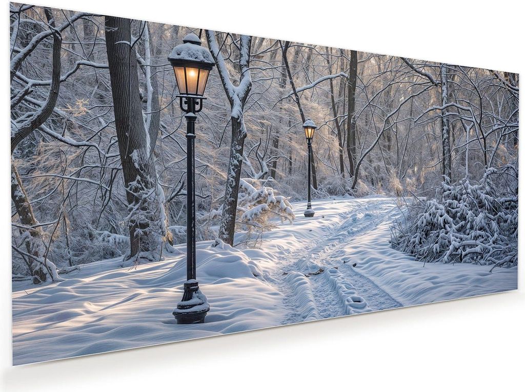 Glasbild 80x40cm in XXL für Wohnzimmer, Schlafzimmer Motiv Verschneiter Waldweg
