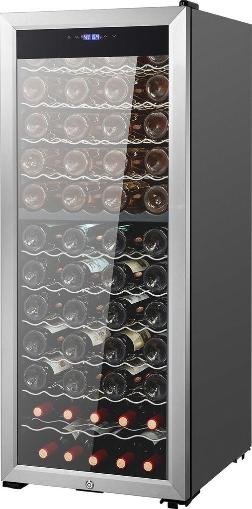 A freestanding wine cooler with multiple shelves filled with wine bottles.