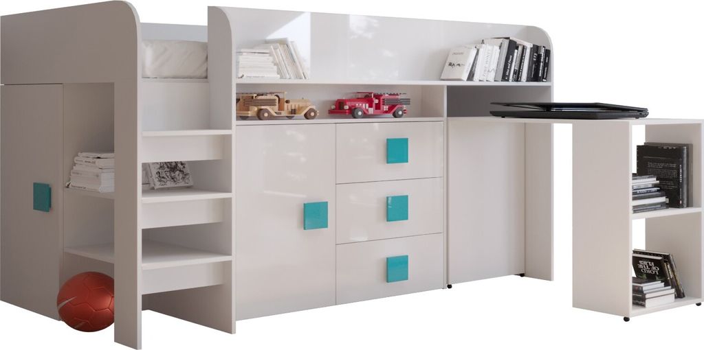 Etagenbett für Kinder Toledo 1 Stockbett mit Treppe und Bettkasten (Weiß + Weiß Glanz + türkise Griffe)