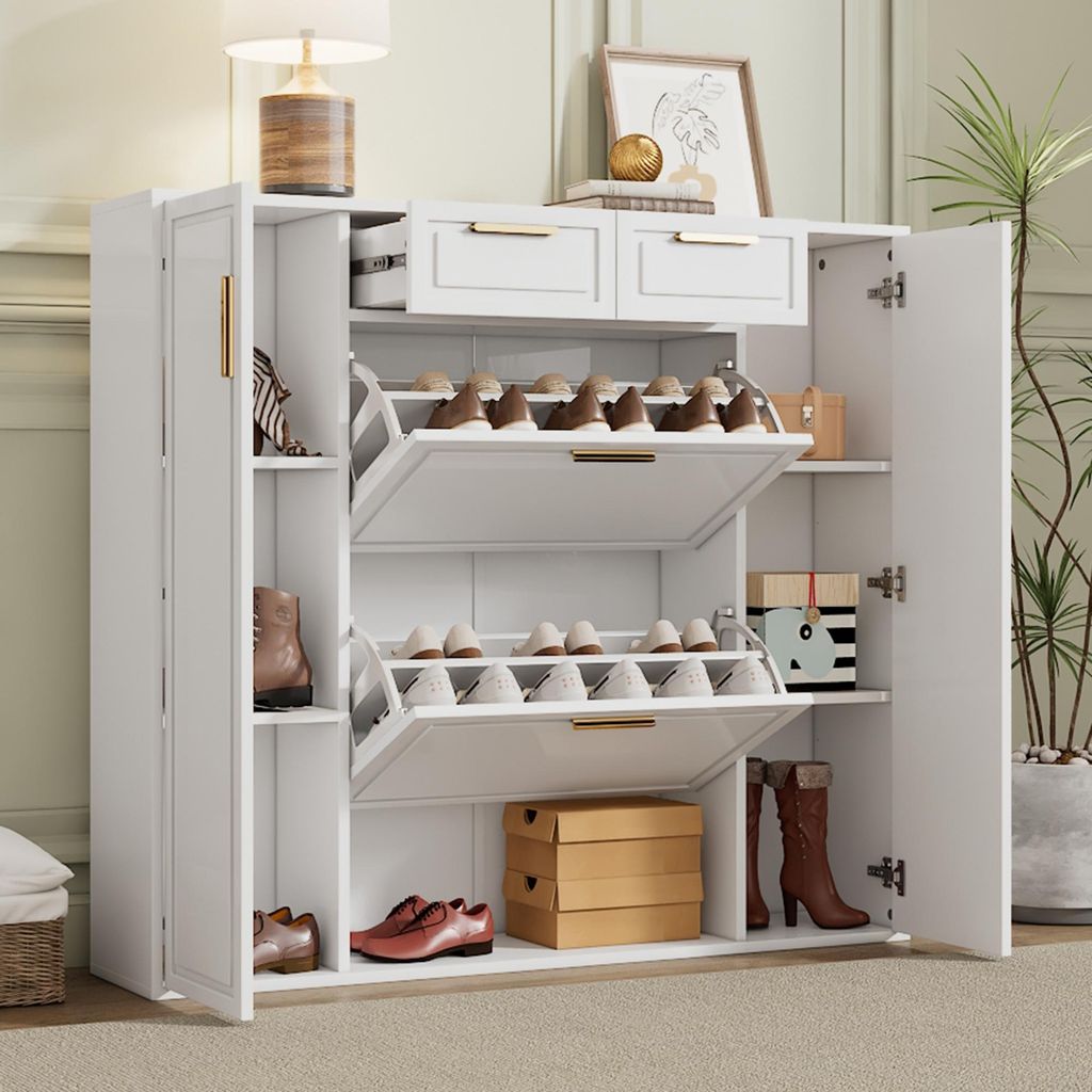 Moderne Schuhschrank, mit verstellbaren Regalen, goldenen Griffen, 2 Schubladen, Klappschuhschrank und 2 Türen, weiß, B120/D24/H107 CM