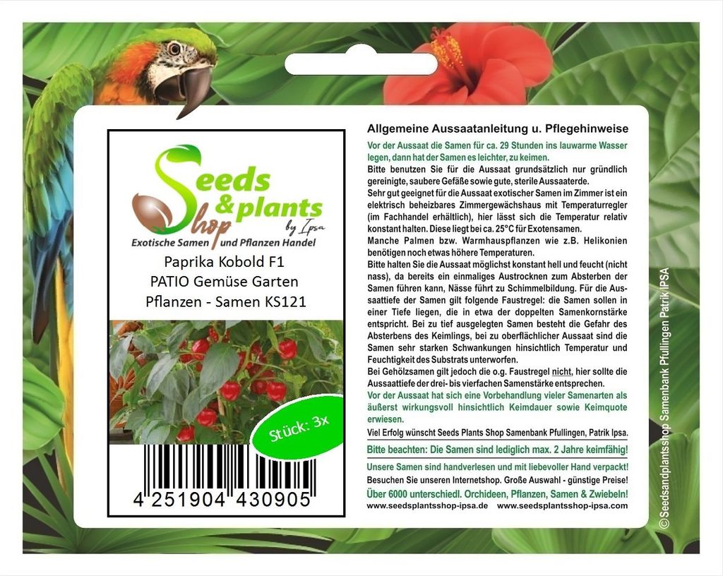 3x Paprika Kobold F1 PATIO Gemüse Garten Pflanzen - Samen KS121