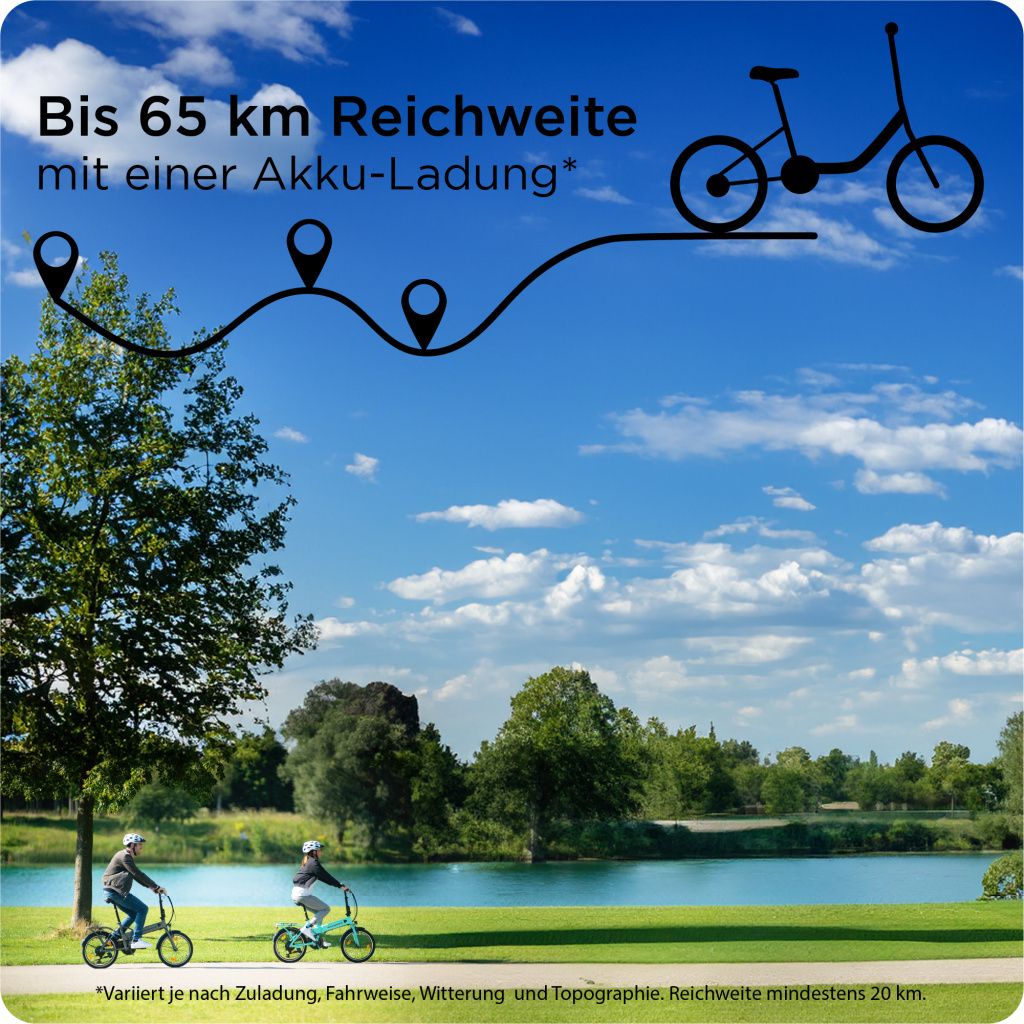 A scenic park with a lake and trees, featuring two people riding bicycles and a graphic overlay about the bike's range.