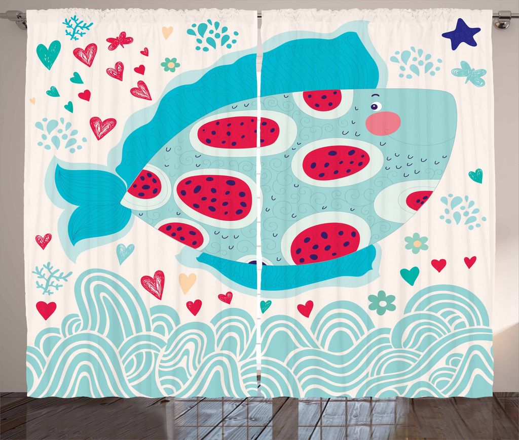 ABAKUHAUS Marine Rustikaler Gardine, Herz-Blumen und Fisch, Schlafzimmer Kräuselband Vorhang mit Schlaufen und Haken, 280 x 175 cm, Mehrfarbig