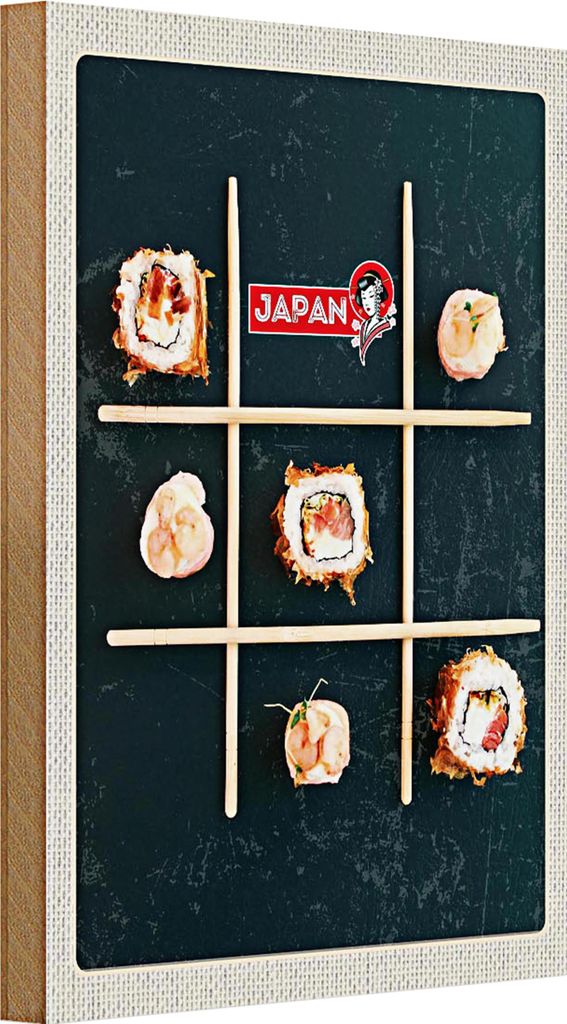 Holzschild Reise 20x30cm Japan Soja Sushi Fisch Gurke Stäbchen