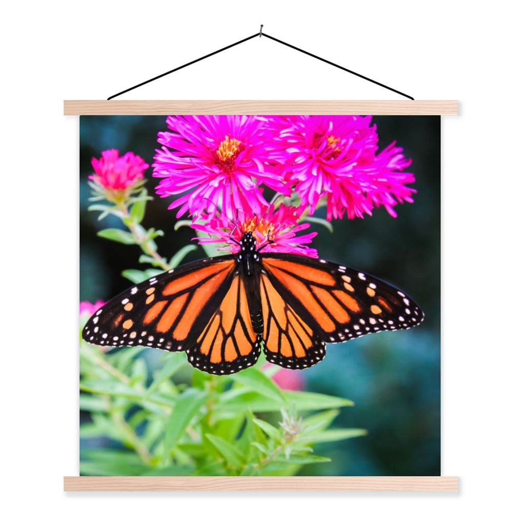 MuchoWow Textilposter Schmetterling - Botanisch - Blume 60x60 cm mit holzfarbenen Rahmen - Wanddekoration
