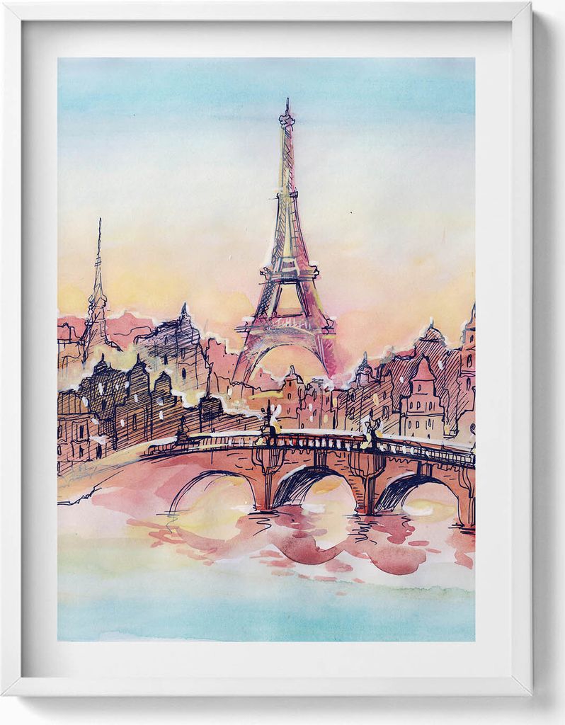Gemalte Ansicht von Paris– Wandbild mit Rahmen – Gerahmtes Bild – Wanddekoration – 60x80 cm – Weiß Rahmen