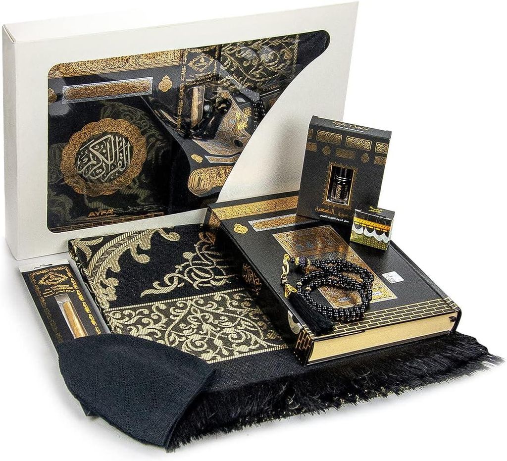 islamische Gebetsgeschenkbox, Deluxe 7-Teiliges Set mit Koran & Gebetsperlen Tesbih & Gebetsteppich mit Kaaba-Design & Miswak-Stick
