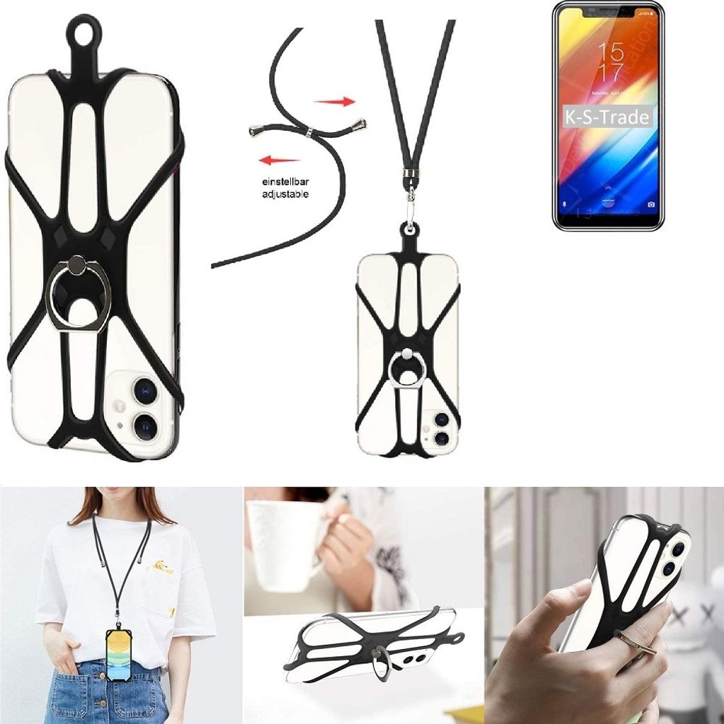K-S-Trade 3in1 Handykette Handyband Handykordel Halsband Smartphone-Ring Handy-Ring kompatibel mit HomTom H10 Fingerhalterung Handyring Tischständer