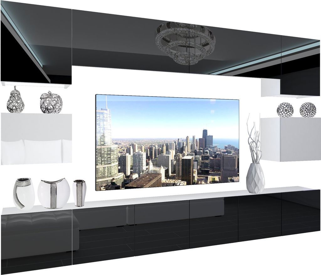 BELINI Wohnwand Vollausstattung Wohnzimmer-Set Moderne Schrankwand mit LED-Beleuchtung Weiß Glänzend Anbauwand TV-Schrank Schwarz / Weiß Glänzend