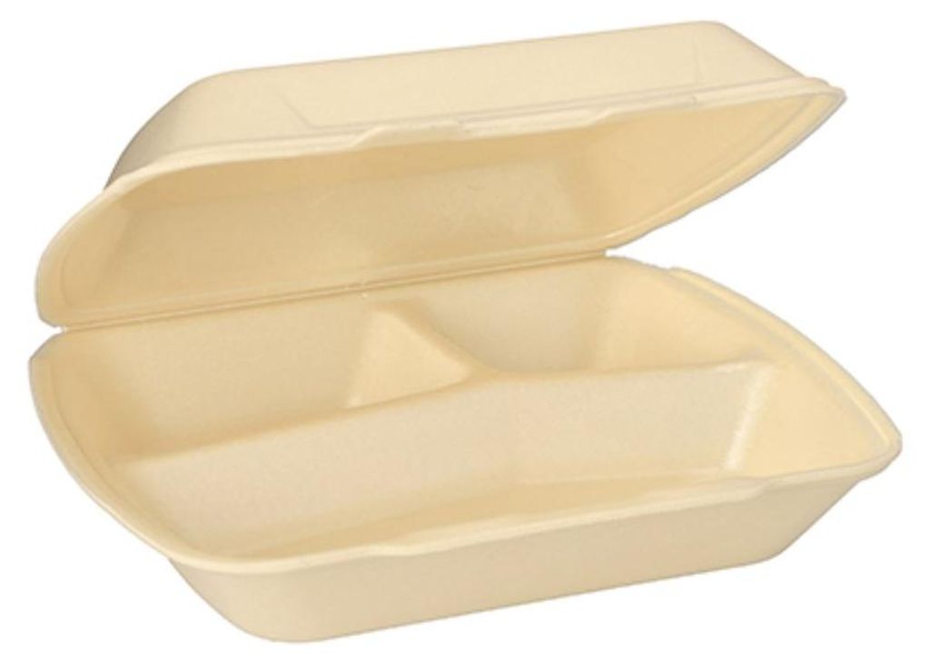 Starpak 100 Menüboxen mit Klappdeckel, XPS 3-geteilt 7,5 cm x 24,3 cm x 20,8 cm creme | Schrumpffolie (100 Stück)