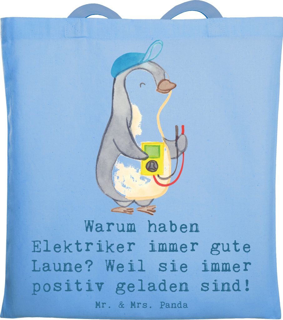 Mr. & Mrs. Panda Tote Bag Positiver Elektriker - Sky Blue - Geschenk, Laptoptasche, Strom, gute Laune, Berufsliebe, Uni Tasche, Berufsgestaltung, E...