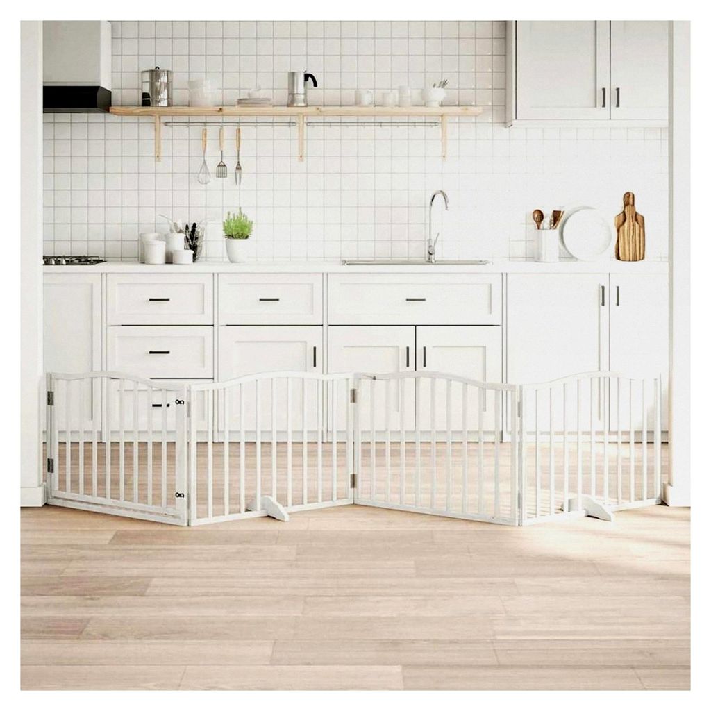 4-teiliges Hundetor mit Tür, faltbar, Weiß, 320 cm, Pappelholz, modulares Haustiertor für Zimmer, Durchgänge, Korridore für kleine Tiere wie H...