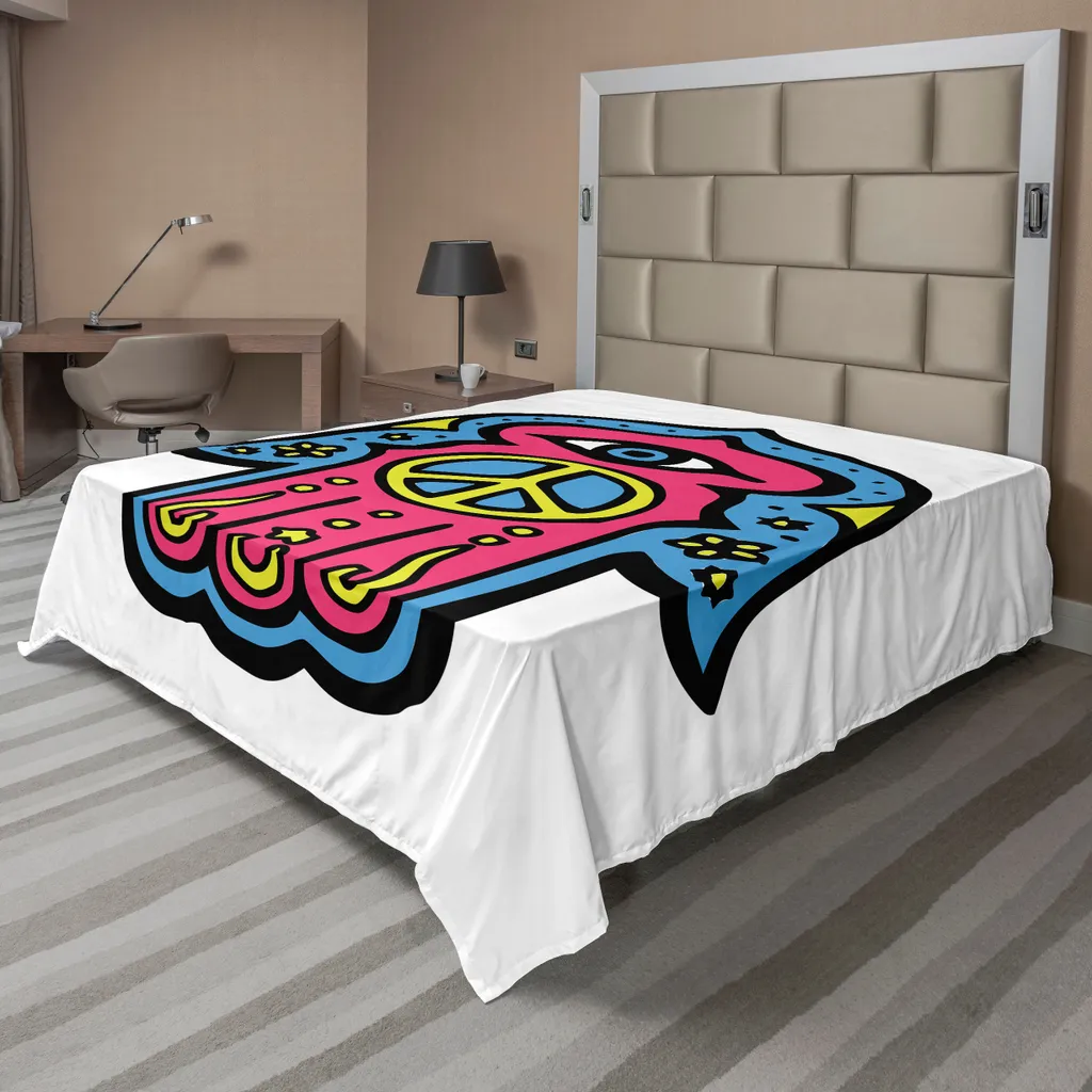 Drap de Lit Doux Motif Ethnique Hamsa Bleu et Jaune en Tissu Confort