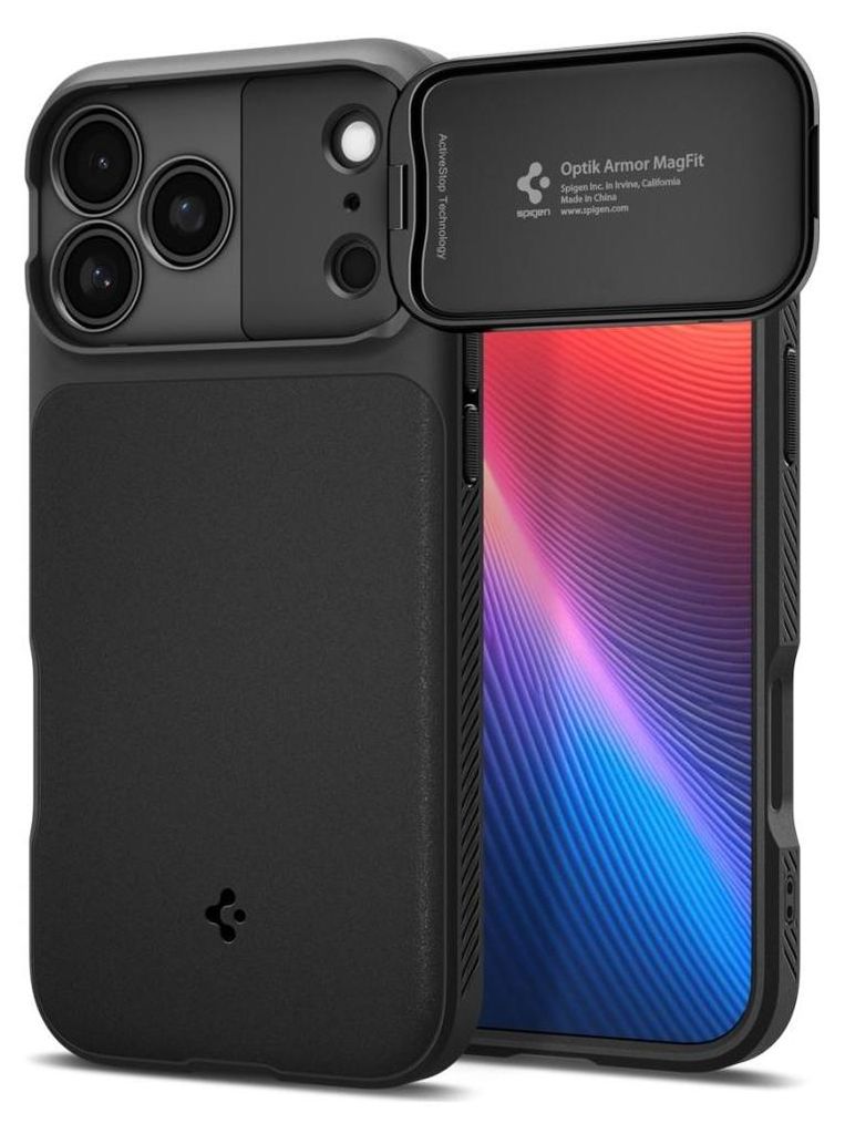 A black phone case with a sliding camera cover is shown on a light gray background.