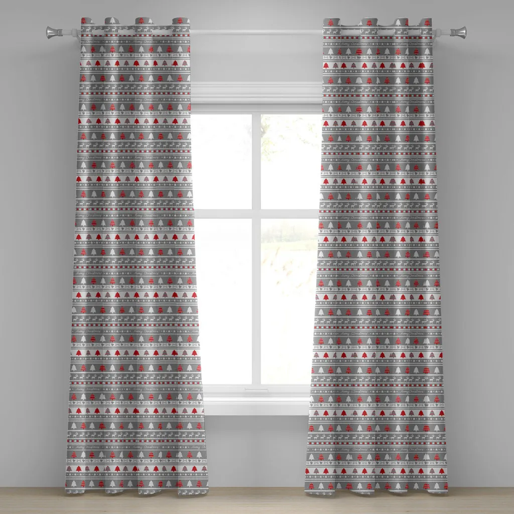 ABAKUHAUS Tenda natalizia con occhielli, bordo natalizio con cervi, alberi e scritta "Frohe Weihnachten" (Buon Natale), immagini di campane, tende decorative a 2 pannelli, 280 cm x 245 cm, bianco, grigio, rosso