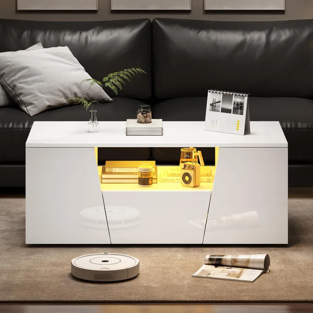 Table basse de rangement blanc LED pour optimiser et éclairer le salon