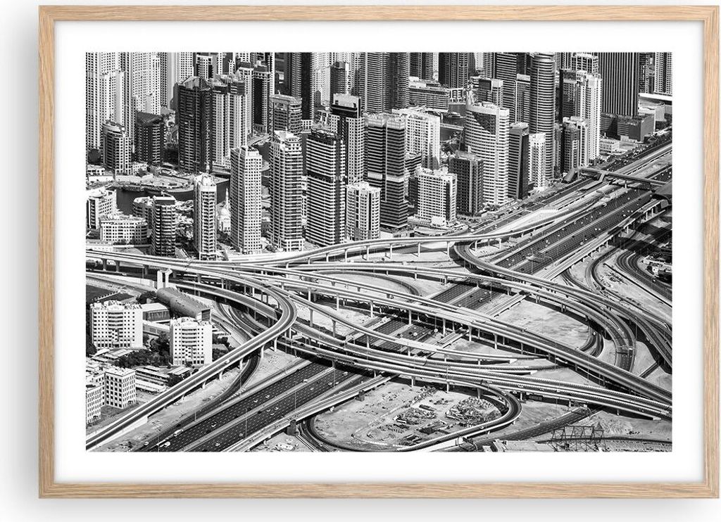 Gerahmtes Poster - Rahmen in heller Eiche - Stadt Wolkenkratzer Autobahn - 70x50 cm - Wand Bild - Wanddeko - Wandbilder - Kunstposter - Wandposter ...