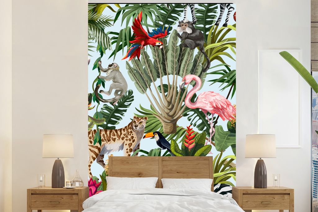 MuchoWow Fototapete für Wohnzimmer oder Schlafzimmer Wandtapete Vinyl Motivtapete Dschungel - Tiere - Mädchen - Kinder - Jungen - Flamingo - Pa...