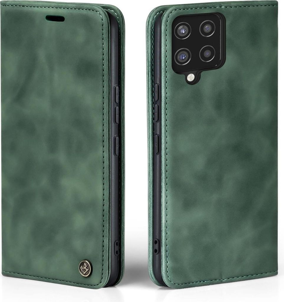 A green flip case for a Samsung Galaxy A42 phone, shown from the front and back.