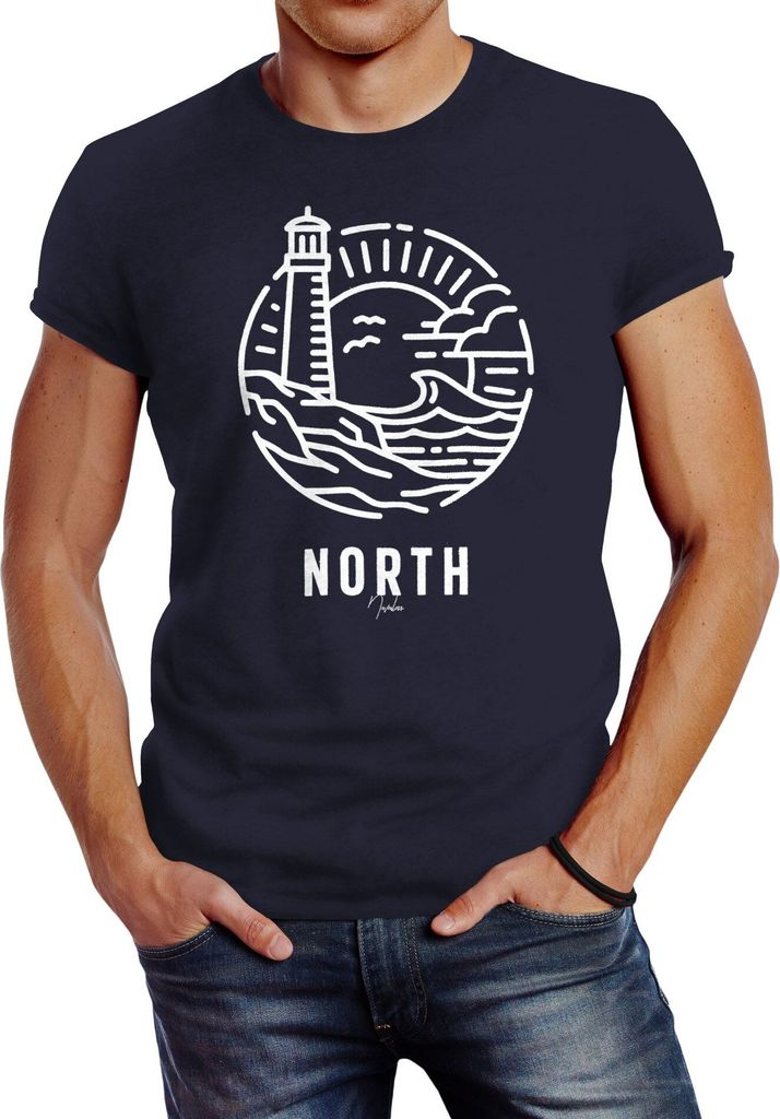 Herren T-Shirt Logo Outline Art maritim Leuchtturm Welle Aufdruck North Slim Fit Neverless navy XL