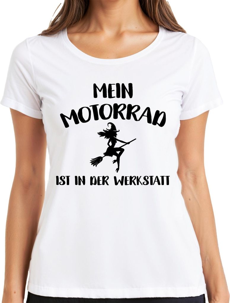 Mein Motorrad in der Werkstatt Hexe Besen Bikerin Lustig Geschenk Damen T-Shirt, Weiß, S