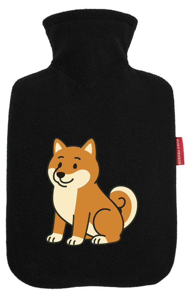 Huuraa Wärmflasche Shiba Inu Comic Shibi 1,8 Liter Black Classic Veloursbezug Bettflasche Geschenkidee