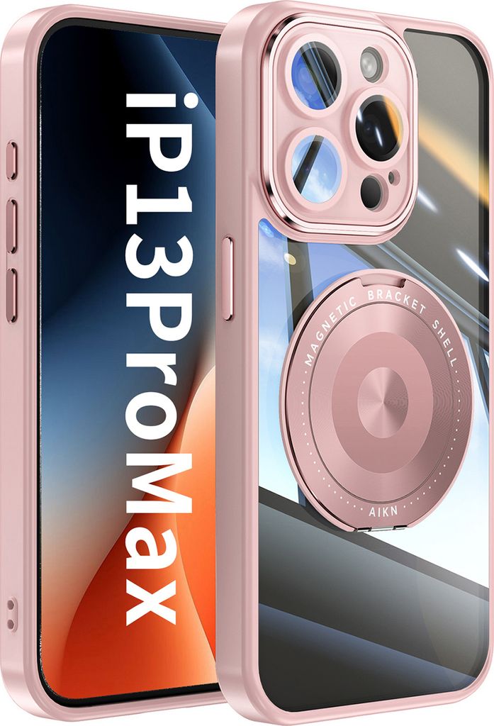 Handyhülle für iPhone 13 Pro Max Transparent Militärschutz mit Magnetring Ständer und Kameraabdeckung Pink