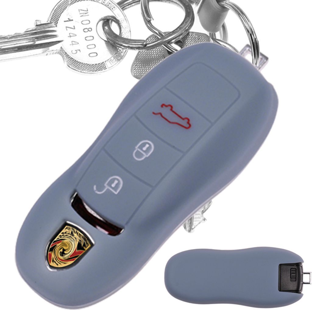 Auto Schlüssel Hülle Silikon Schutz Cover Dunkelgrau kompatibel mit Porsche 718 982 981 991 911 Macan Cayman Boxster 3 Tasten KEYLESS SMARTKEY