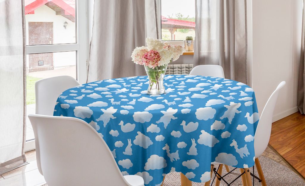 ABAKUHAUS Wolke Runde Tischdecke, Wolken Ente Bär und Kaninchen, Kreis Tischdecke Abdeckung für Esszimmer Küche Dekoration, 150 cm, Blau und weiß