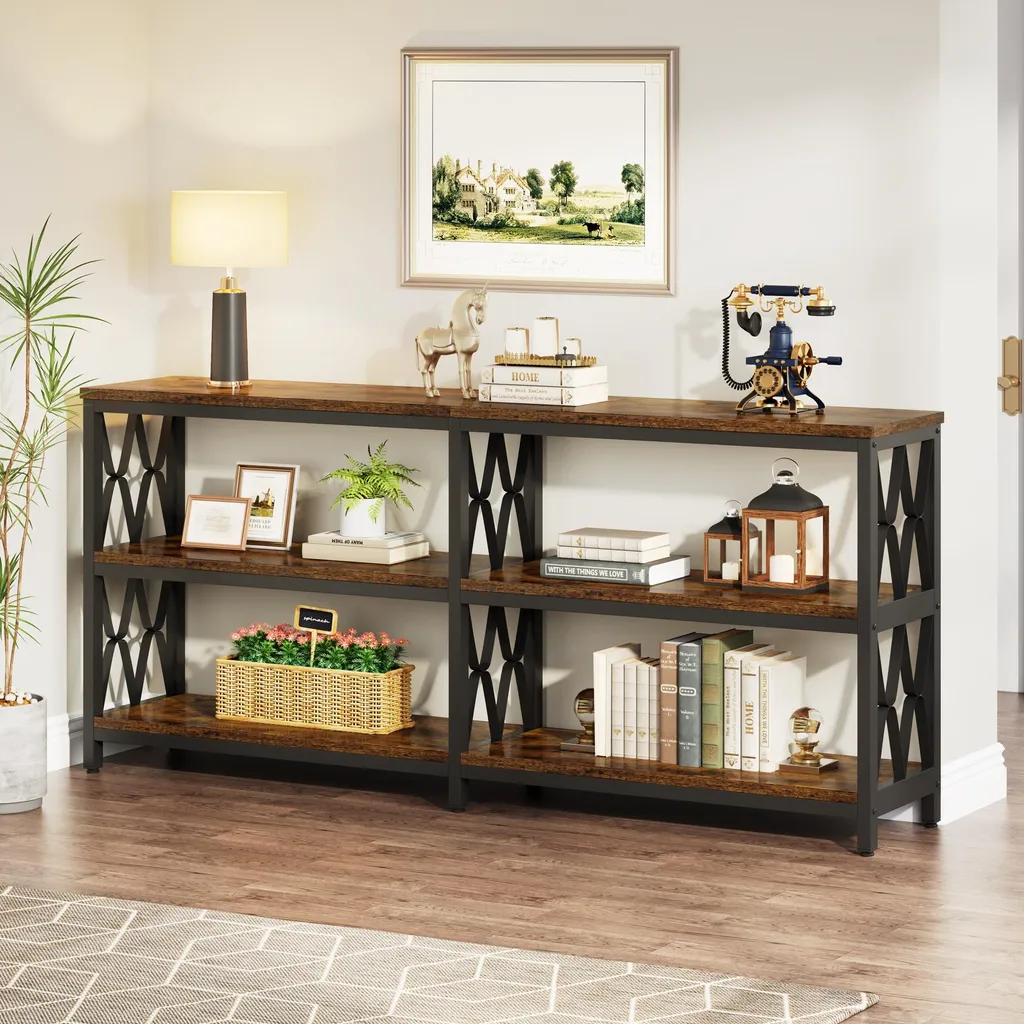 Table console industrielle à 3 niveaux en bois rustique et métal noir - 13