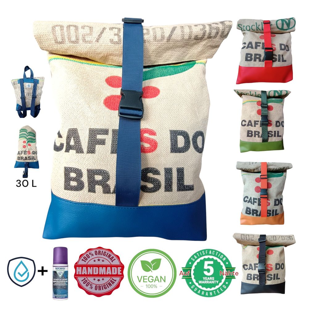 VAN DER ELV-Roll Top Rucksack, Backpacker, Upcycling, Hamburger Kaffeesack, 30 L Fassungsvermögen, Fair Trade, nachhaltig, 100% Handarbeit, vegan