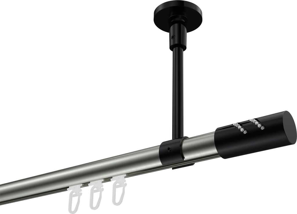 Interdeco Innenlaufstange / Gardinenstange mit Innenlauf Edelstahl-Optik / Schwarz, Typ Sonette Zoena (Glitzerzylinder) Deckenmontage, 20 mm Ø 1-l...