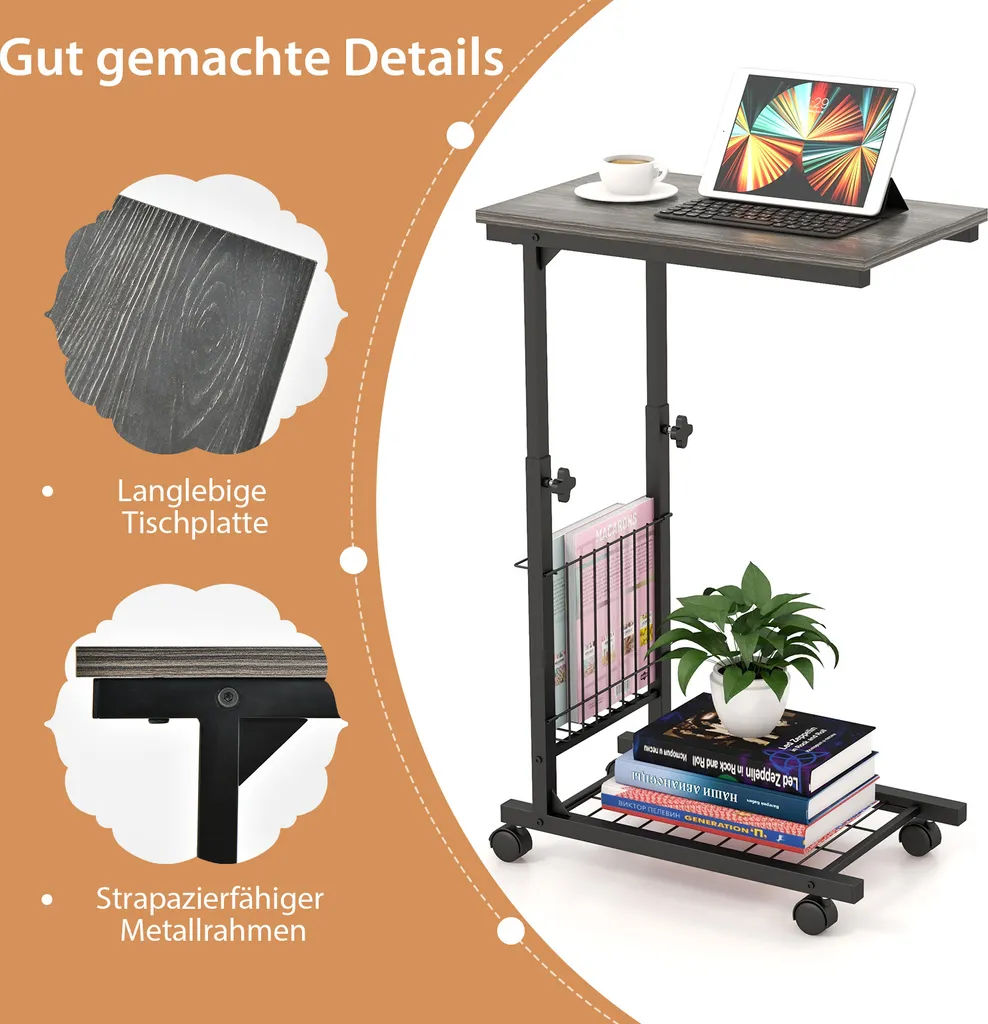 COSTWAY Table Basse en Forme de C Grise - Table d'Appoint avec Panier - 4