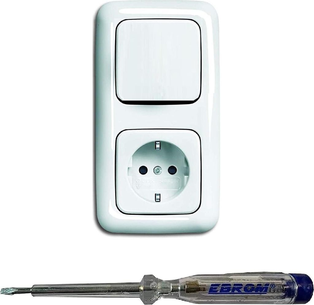 Busch Jäger Lichtschalter Wechselschalter AN/AUS 2000/6 US und Steckdose mit Kinderschutz 20EUCKS-214 in Reflex Si alpinweiß glänzend inkl. EBRO...