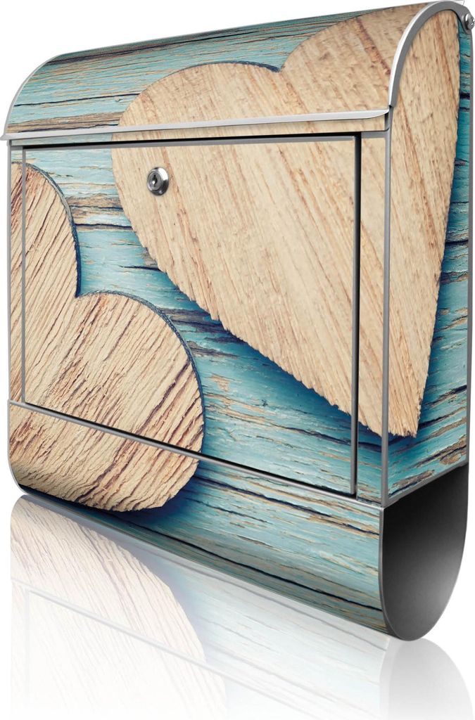 banjado Design Briefkasten Stahl silber mit Zeitungsfach pulverbeschichtet "Holz Herzen" 38x46x12,5cm & 2 Schlüssel - Postkasten A4 Einwurf inkl. ...