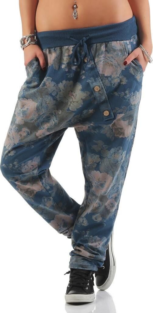 130 Damen Jogginghose Hose Sweatpants Baumwolle Freizeithose Boyfriend Baggy Haremshose Einheitsgröße (36-40) Blumen Muster Print, Dunkelblau