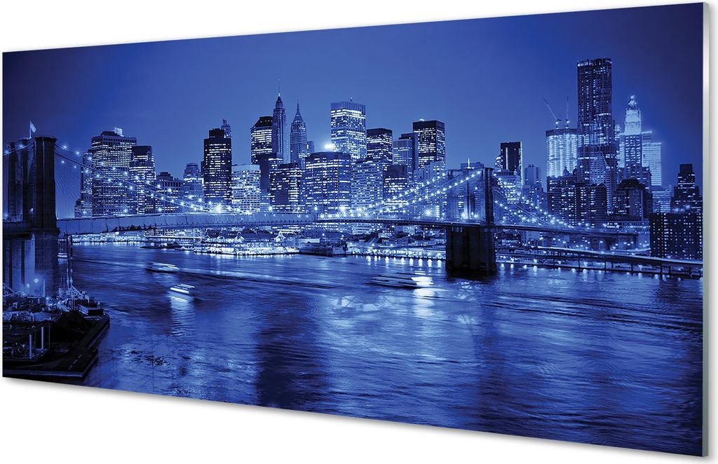 Glasbilder 100x50 Wandkunst Panorama Brücke Wolkenkratzer Fluss