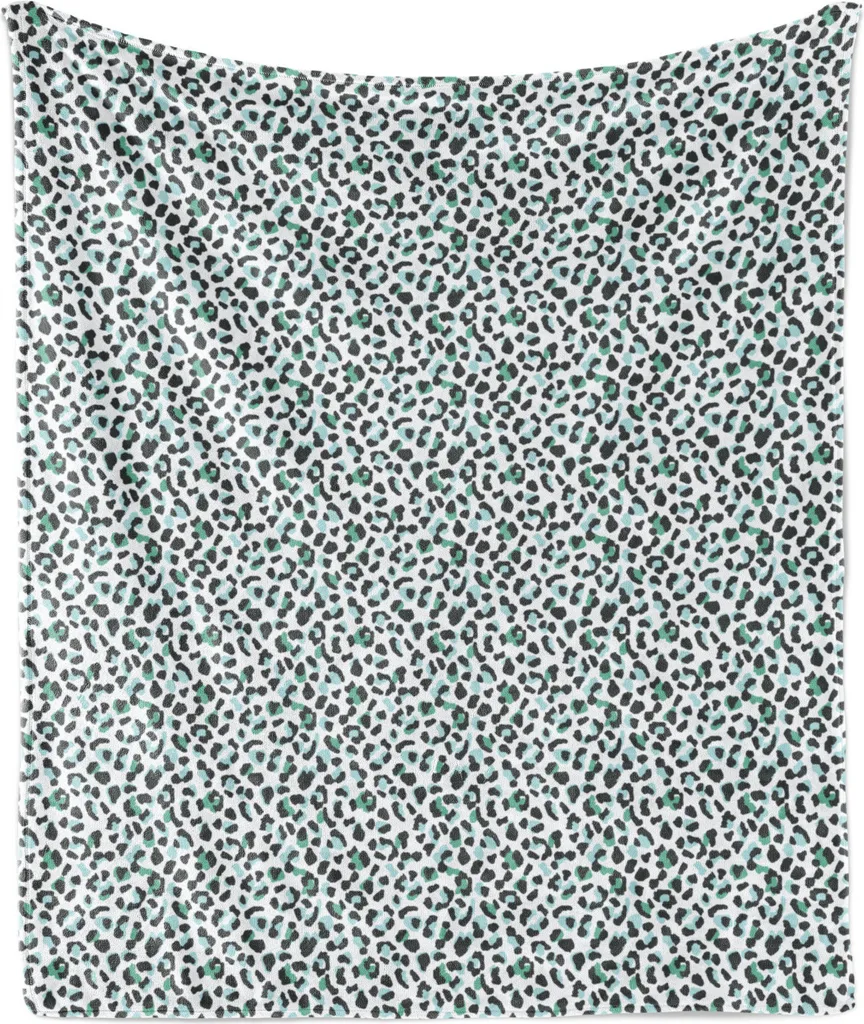 ABAKUHAUS Coperta in morbido pile di flanella leopardata, stampa astratta con macchie colorate che richiamano le tonalità fredde della pelle degli animali, 175 x 230 cm, verde mare e grigio antracite
