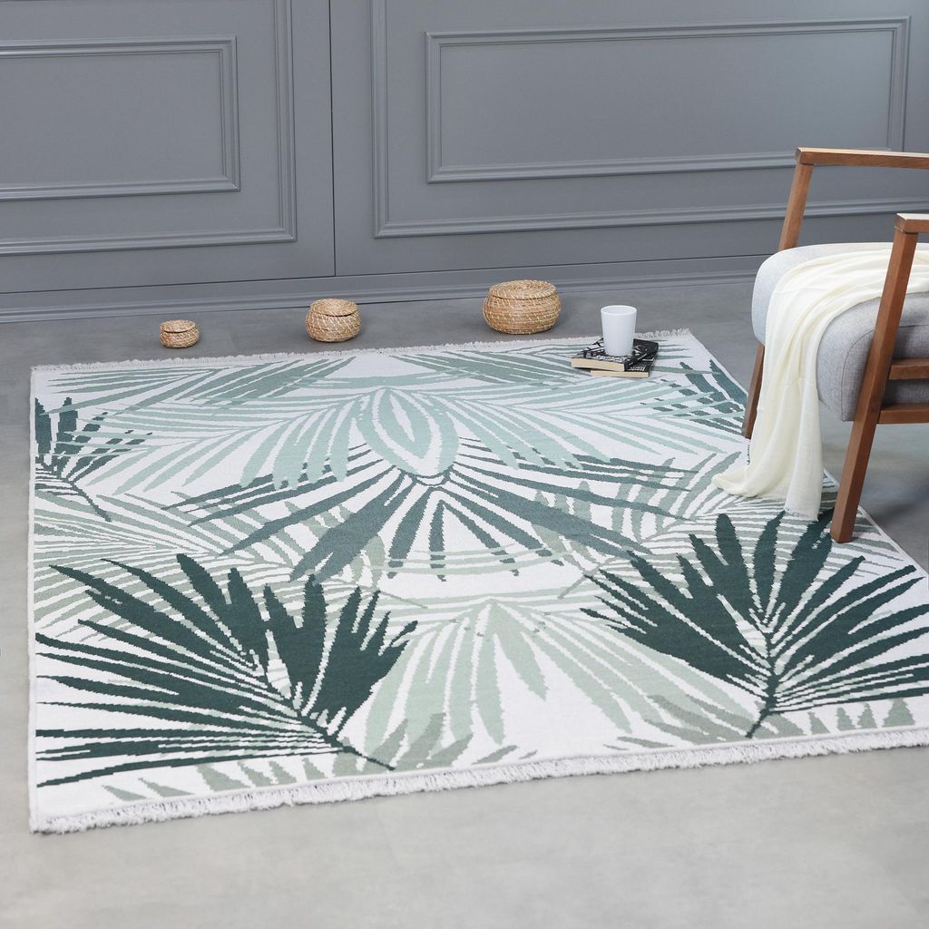 Kurzflor Teppich Läufer - Boho Kelim Teppich, Wohnzimmerteppich, Schlafzimmer und Küchenteppich, Flur Teppich, 60 x 90 cm, Palm-Grün-Weiß