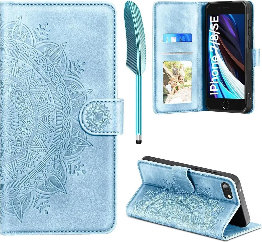 Étui iPhone SE 2022/2020 et iPhone 7/8 à clapet en cuir bleu ciel