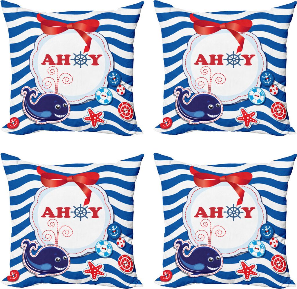 ABAKUHAUS Kindergarten Kissenbezug Set (4 Stück), Marine Ahoy Cartoon-Wal, Moderner Doppelseitiger Digitaldruck, 45 cm x 45 cm, Cobalt Blue Vermilion