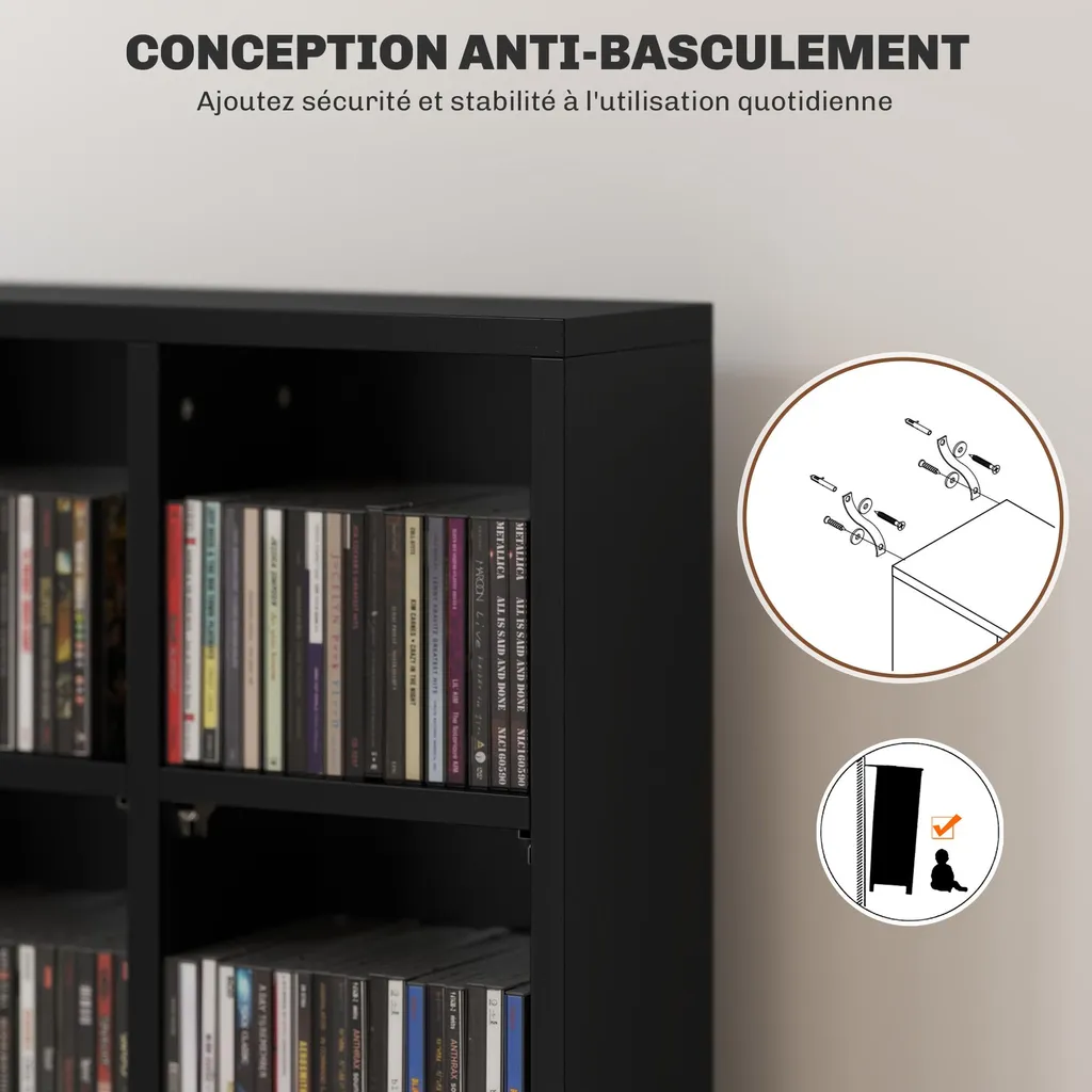 Étagère Multimédia Noire pour 456 CD - Bibliothèque Bois Modulable - 6