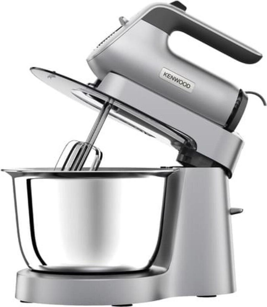 A silver Kenwood hand mixer with a mixing bowl, shown from a side angle.